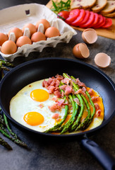 Fried eggs with asparagus and ham on a dark stone board