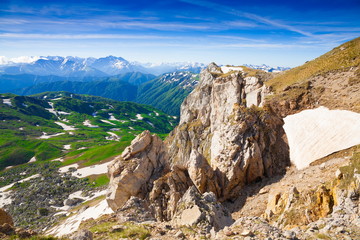 Mountain summer. Sunny day. Rocky route