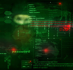 hacker at work with graphic user interface around