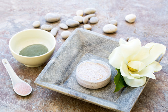 Body and face scrub, salt and green clay for beauty treatment