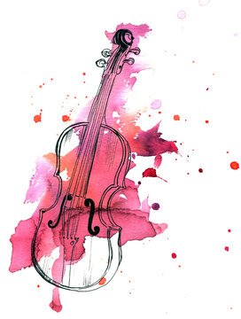 Pen and ink drawing of vintage violin with watercolor stain