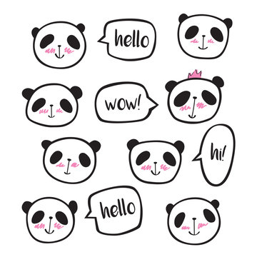 Set of hand drawn cute pandas with speech bubble. Doodles, sketch for your design. Vector illustration