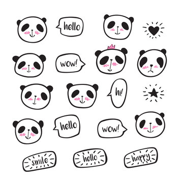 Set of hand drawn cute pandas with speech bubble. Doodles, sketch for your design. Vector illustration.