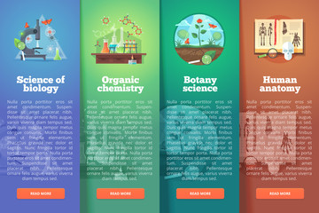 Science of biology. Organic chemistry. Botany study. Human anatomy. Education and science vertical layout concepts. Flat modern style.
