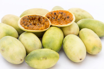 Latin American fruit: banana passionfruit Passiflora tripartita), tumbo, curuba, taxo).