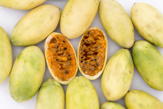 Latin American fruit: banana passionfruit Passiflora tripartita), tumbo, curuba, taxo).