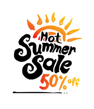 Hot Summer Sale vector illustration, background. Hand lettering inspirational typography poster.