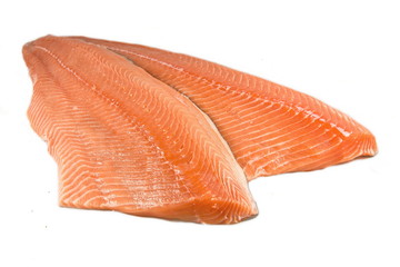Fresh Red salmon fillet, white background.