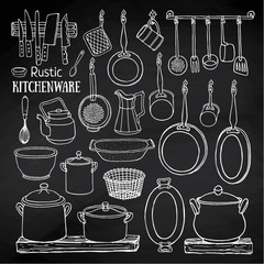 Sketch of pots, pans on blackboard in country style