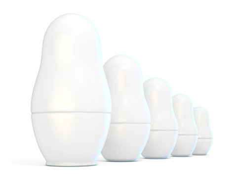 Set of white unpainted matryoshka dolls. 3D render illustration isolated on white background