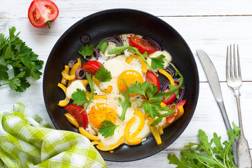 Fried eggs in pan
