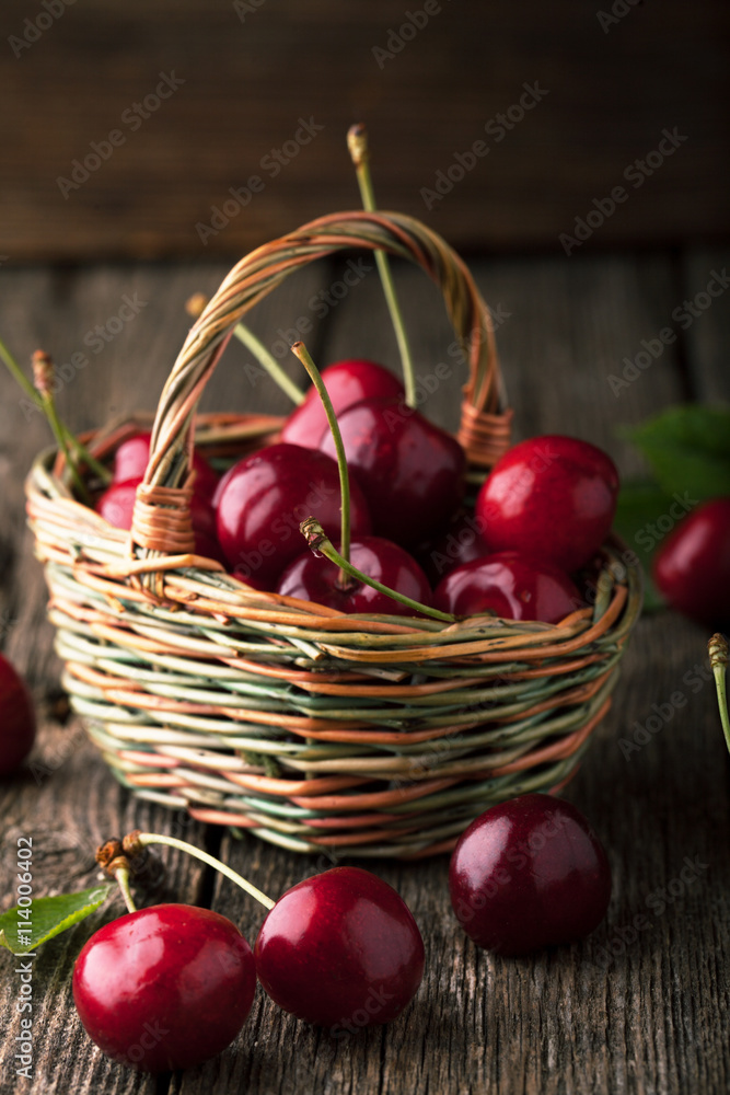 Poster ripe cherry with leaf