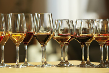 Many glasses of different wine in a row on a table