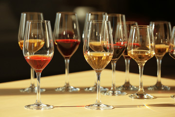 Many glasses of different wine in a row on a table