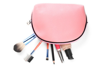 Makeup set with beautician, brushes and cosmetics, isolated on white