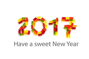 2017 made from colorful gummy bears  isolated on a white background