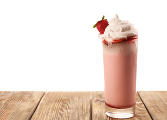 Delicious milkshake with strawberry, isolated on white