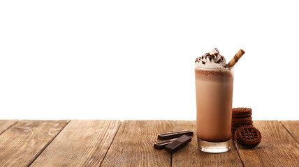 Delicious milkshake with chocolate and cookies, isolated on white