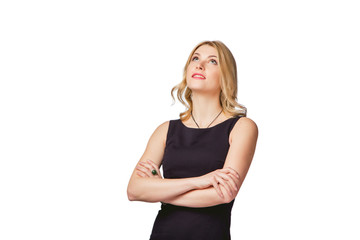 Fototapeta premium business woman on white background looking at the top