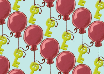 Fototapeta na wymiar Background with oil-like painted keys hanging on a balloons