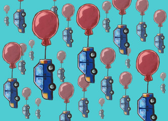 Background with oil-like painted cars hanging on a balloons

