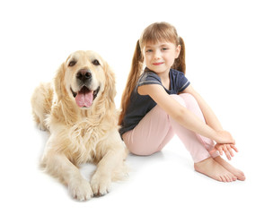 Little girl and big kind dog isolated on white