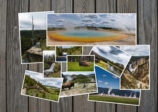 Yellowstone travel tourism concept design - collage of Yellowstone images on wooden background
