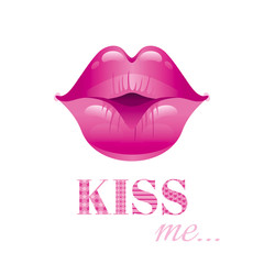 Sexy kissing woman lips with pink lipstick on white background. Icon with text Kiss Me for greeting card design. Beautiful close up kiss vector illustration