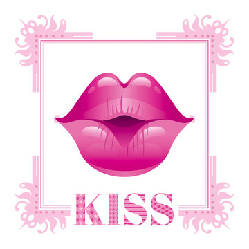 Sexy kissing woman lips with pink lipstick on white background. Icon with text and vintage frame for greeting card design. Beautiful close up kiss vector illustration