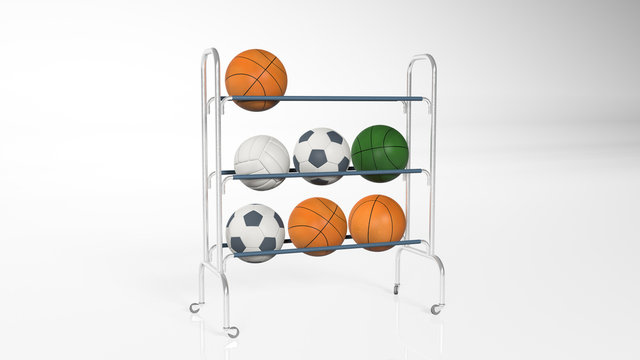 Basketball, Football, Soccer Ball, Volleyball On A Rack, Sports Equipment Isolated On White Background