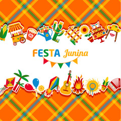 Festa Junina village festival in Latin America. Icons set in bri