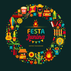 Fototapeta na wymiar Festa Junina village festival in Latin America. Icons set in bri