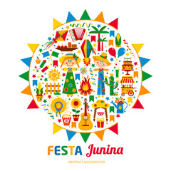 Festa Junina village festival in Latin America. Icons set in bri