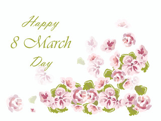 Happy 8 march card with spring delicate pink flowers. Vector