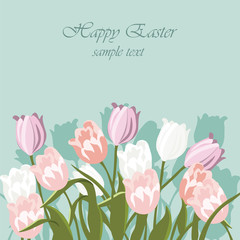 Fototapeta na wymiar Happy Easter card Illustration with colorful tulips. Pastel colors. Vector