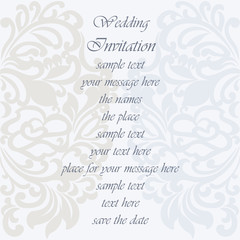 Wedding Invitation card with lace ornament. Serenity and silver color. Vector