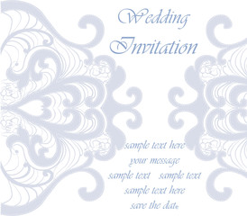 Wedding Invitation card with lace ornament. Blue serenity color. Vector