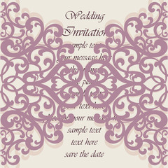 Fototapeta na wymiar Wedding Invitation card with lace ornament. Orchid haze color. Vector