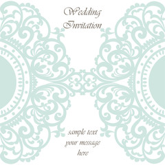 Wedding Invitation card with lace ornament. Opal blue color. Vector