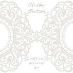 Wedding Invitation card with lace ornament. Silver gray color. Vector