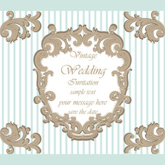 Wedding Invitation card with classic royal ornament. Opal blue color. Vector