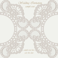 Vector invitation card ornamental lace with damask elements. Elegant lacy feather decoration, greeting card, wedding invitation or announcement, template. Beige. Vector