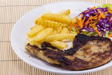 Steak cooked more on white plate