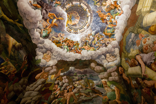 16th century ceiling frescoes in the Room of the Giants at the Palazzo Te in Mantua, Italy, constructed 1524–34 for Federico II Gonzaga, Marquess of Mantua. 