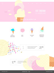 Ice cream website pink template - a web layout componed of web banner with ice cream flat cartoon illustration, header, menu, few icons, ice cream scoops on a background and template for product menu