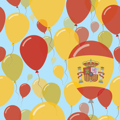Spain National Day Flat Seamless Pattern. Flying Celebration Balloons in Colors of Spanish Flag. Happy Independence Day Background with Flags and Balloons.
