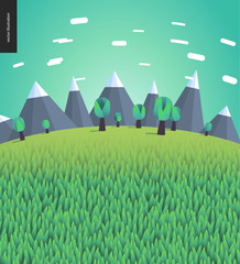 Vlak geïllustreerd landschap met bergen en bomen op de achtergrond en grasveld op de voorgrond