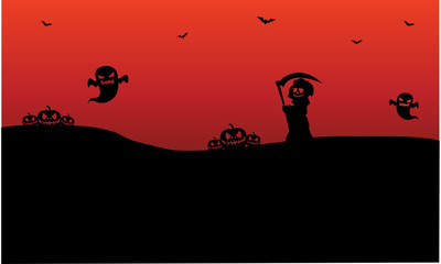 Silhouette of Halloween warlock, ghost, pumpkins
