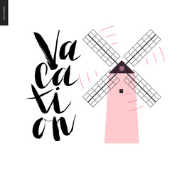 Vacation lettering - a vector cartoon black brush hand written lettering Vacation and a pink windmill