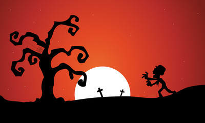 Silhouette oof Halloween zombie dry tree